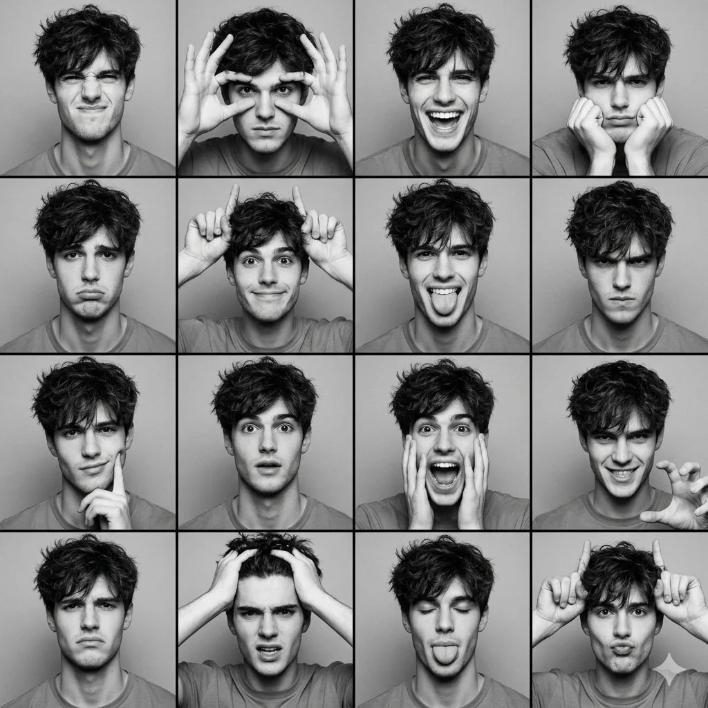 16 Faces in Flash: BW Photobooth Emotions