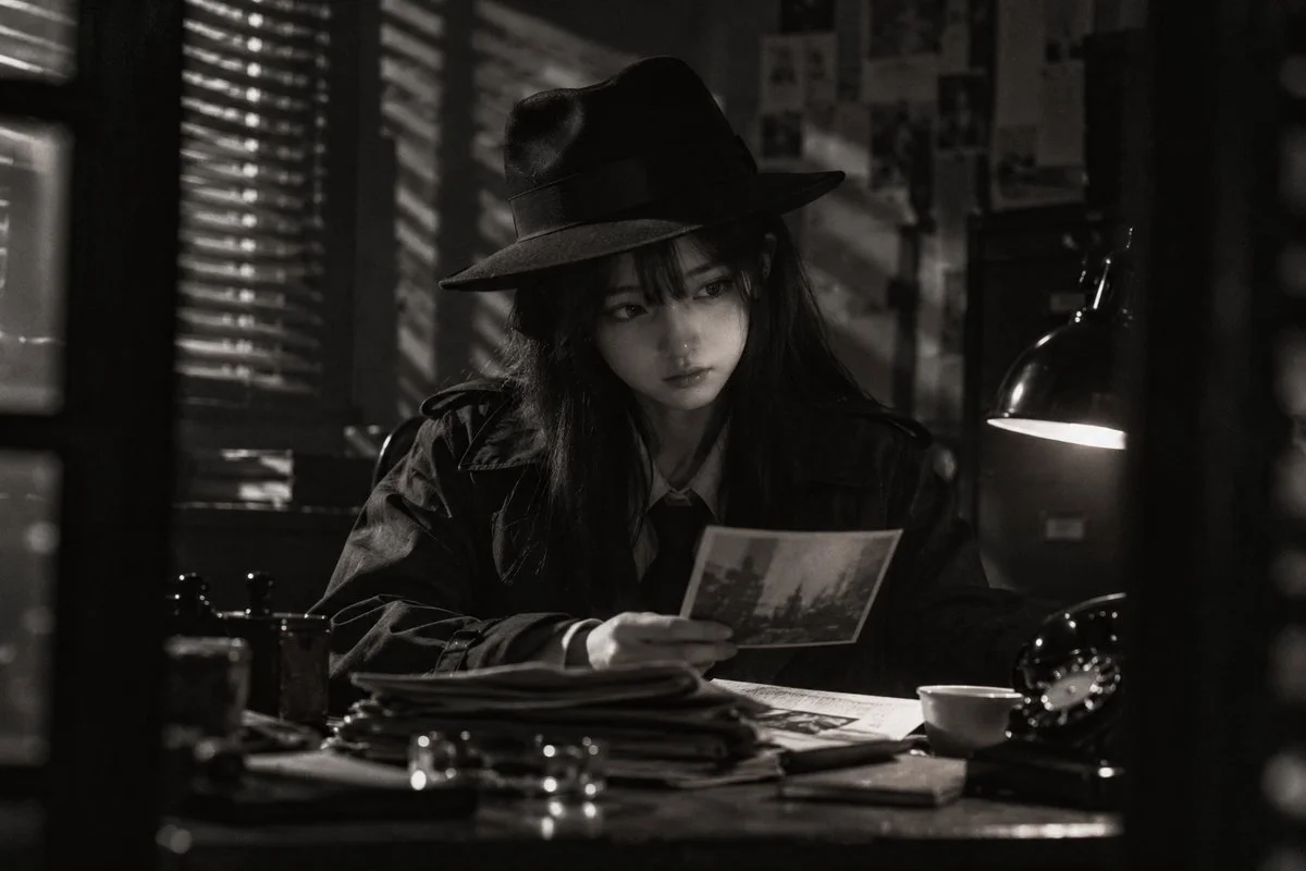 1940s Detective Office Scene with Venetian Blind Shadows and Noir Lighting