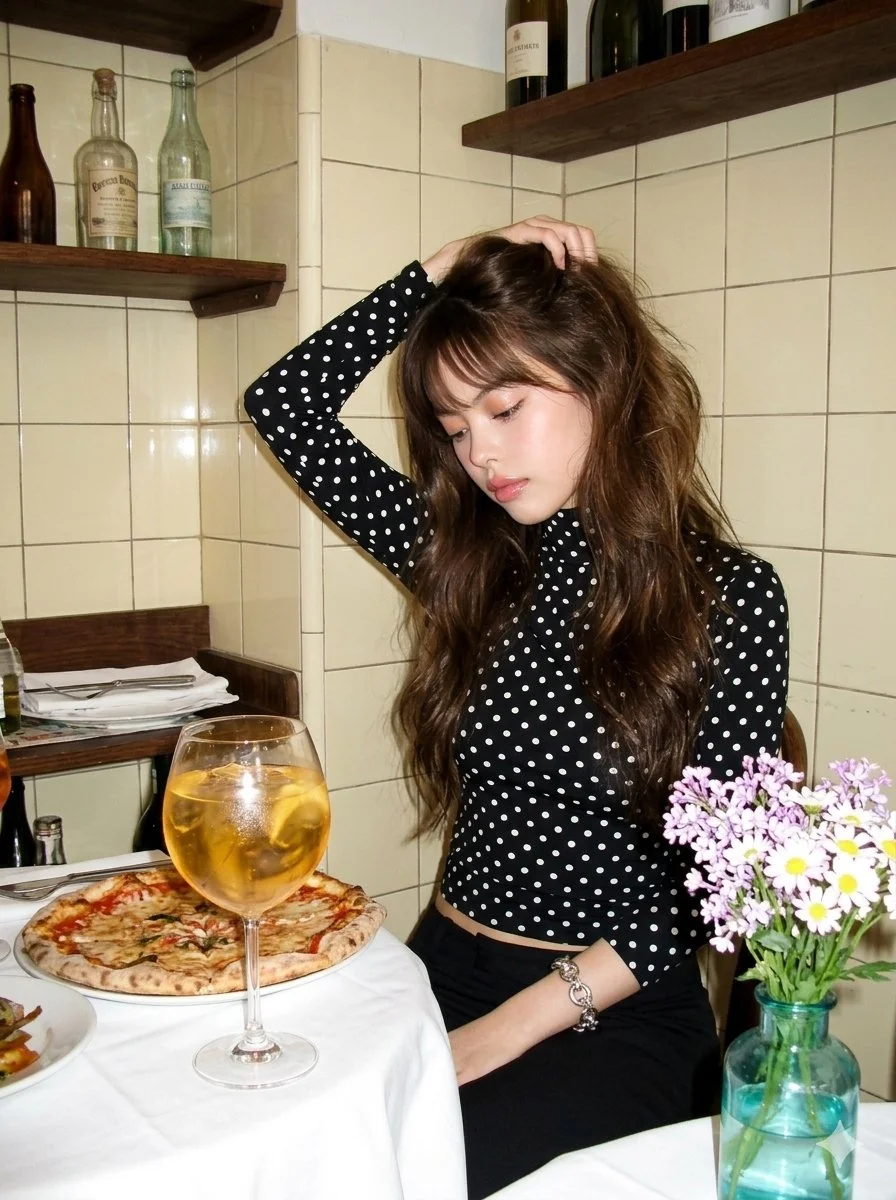 2000s Cafe Portrait with Vintage Digital Camera Charm