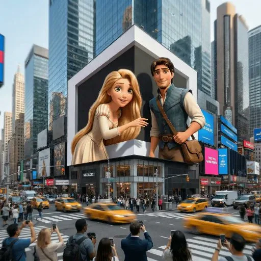 3D Animated Icons Take Over a Bustling Cityscape
