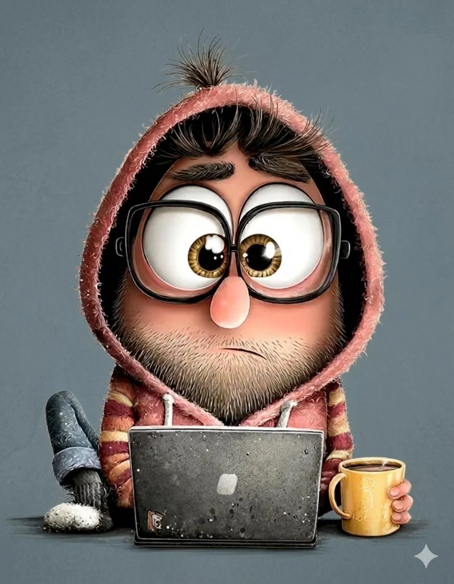 3D Caricature in Cozy Pink Hoodie with Laptop and Coffee