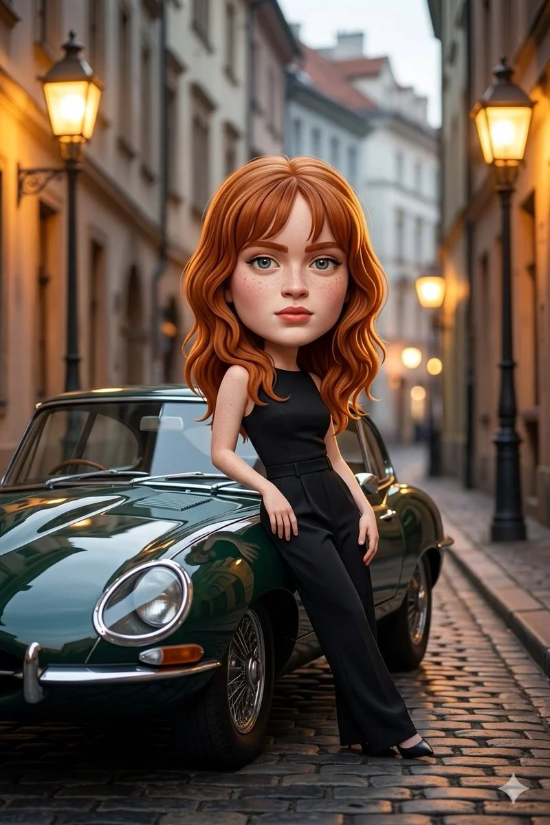 3D Cartoon Realism: Stylized Caricature by a Vintage Car