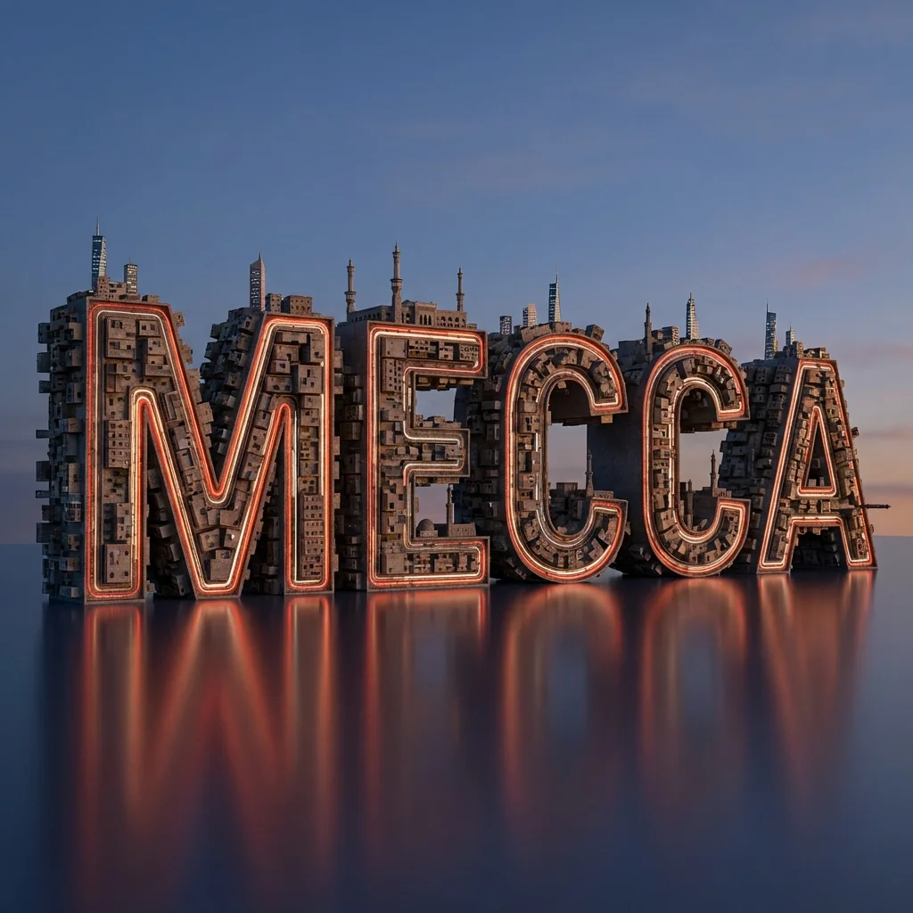3D Mecca Typography with Miniature Cityscape and Light Trails