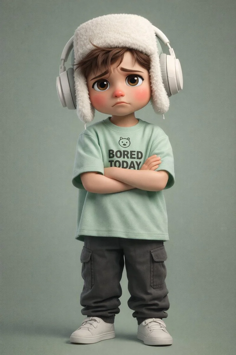 3D Pixar-Style Boy in Plush Trapper Hat with Oversized Headphones