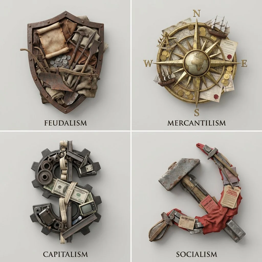 4 Economic Systems Visualized as 3D Typographic Sculptures