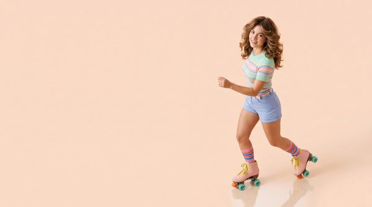 A 1970s woman in pastel roller skates poses for studio lighting
