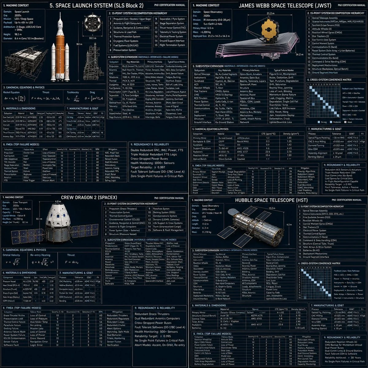 A 2x2 grid of four complex space machines with technical annotations