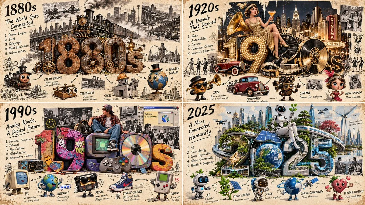 A 2x2 grid poster explores four decades with hybrid illustrated styles