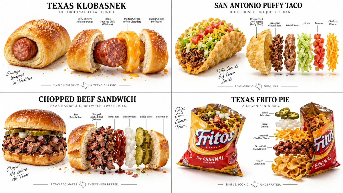 A 2x2 Grid Shows Four Texas Lunches as Culinary Blueprints