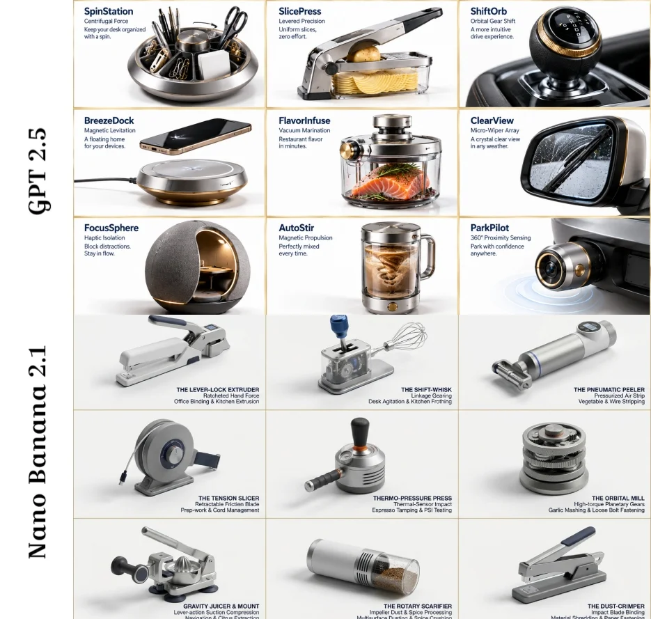 A 3x3 grid showcases nine photorealistic gadget inventions on white