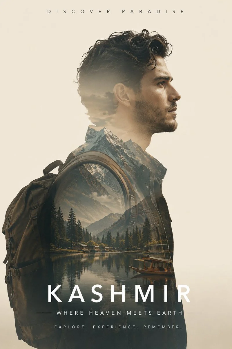 A backpacker's silhouette reveals Kashmir's snowy mountains and lake.