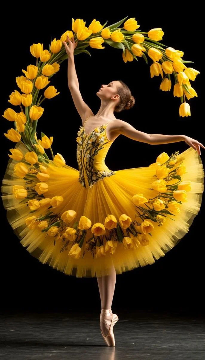 A ballerina in yellow touches a tulip arc on a dark stage.