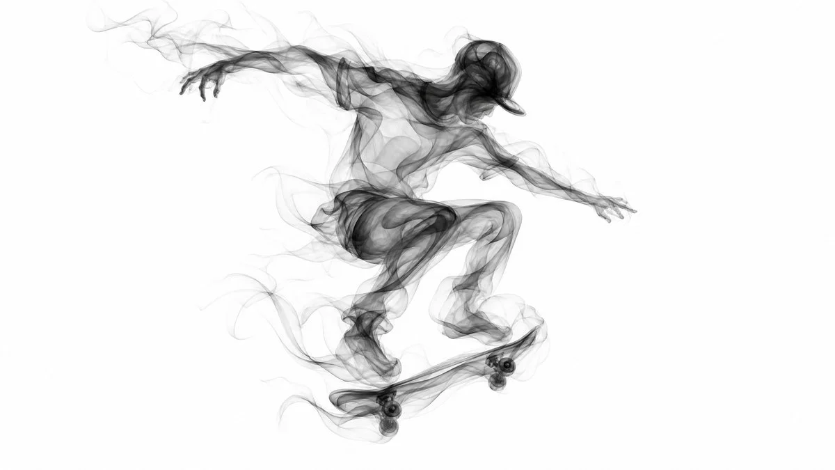 A ballet dancer emerges from swirling smoke ribbons in monochrome