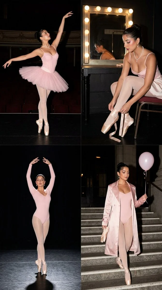 A ballet dancer poses in a pink tutu backstage with direct flash