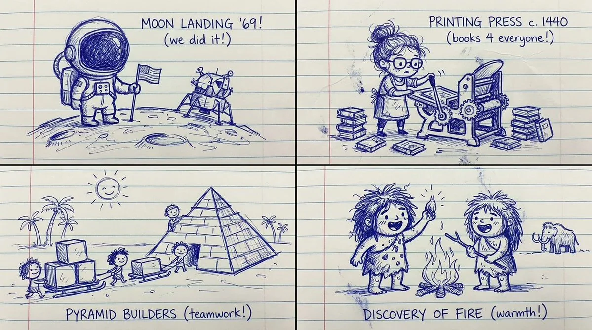 A ballpoint pen doodle of moon landing in a notebook