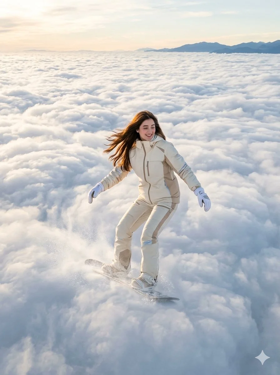 A barefoot snowboarder glides across golden cloud sea during sunset