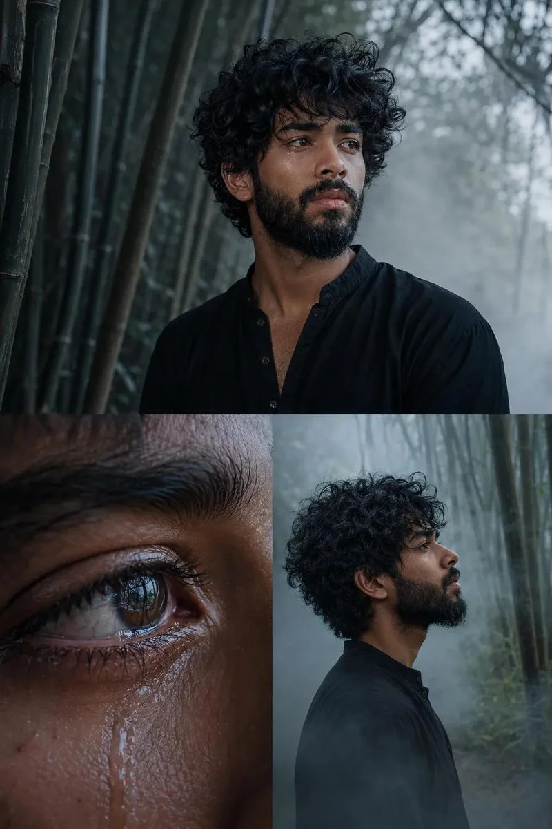 A bearded man contemplates life in a misty bamboo forest.