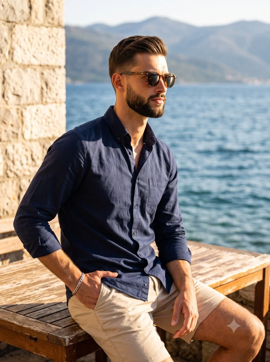 A bearded man in navy shirt sits on wooden table by water