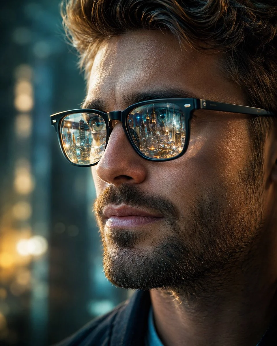 A bearded man's glasses reflect a golden futuristic city skyline