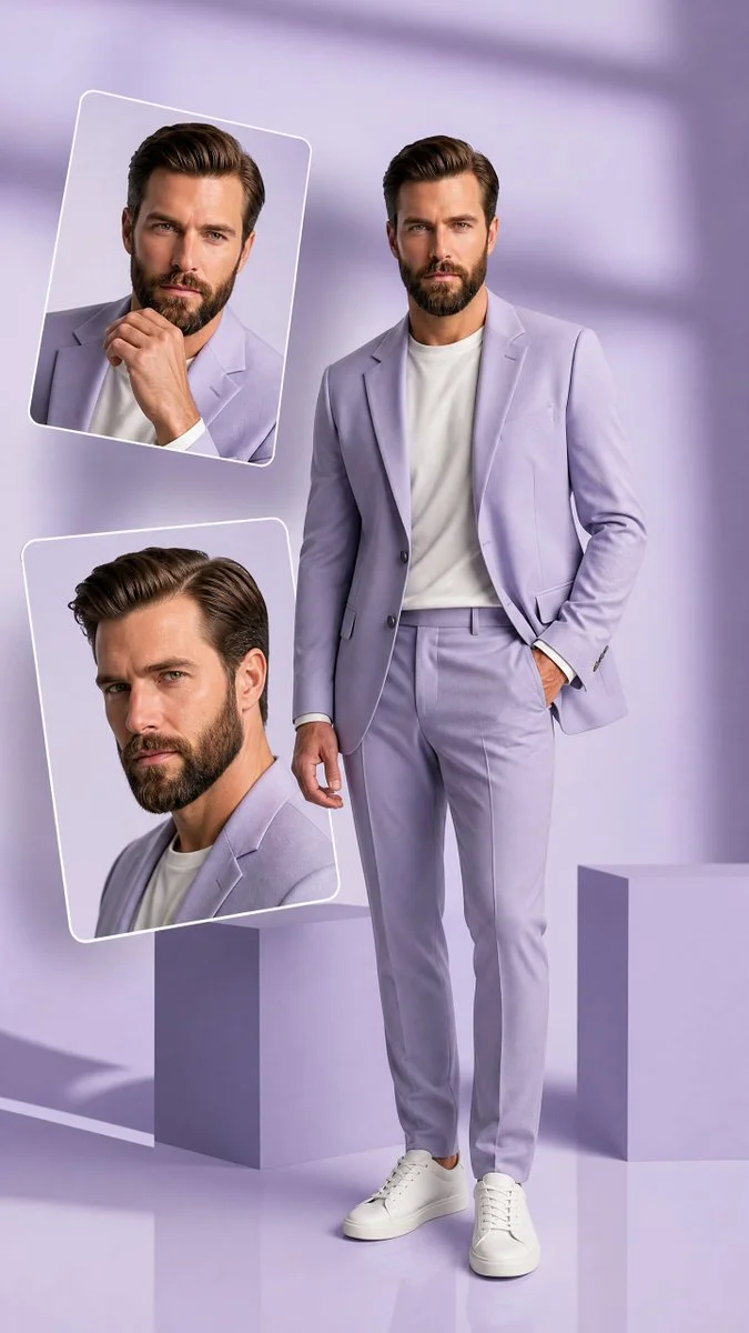 A bearded model in luxury menswear poses against soft lavender tones
