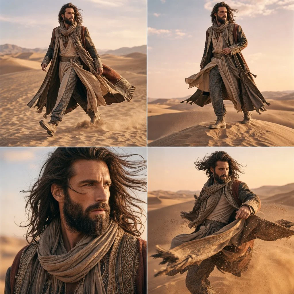 A bearded model strides through desert dunes in flowing silk robes