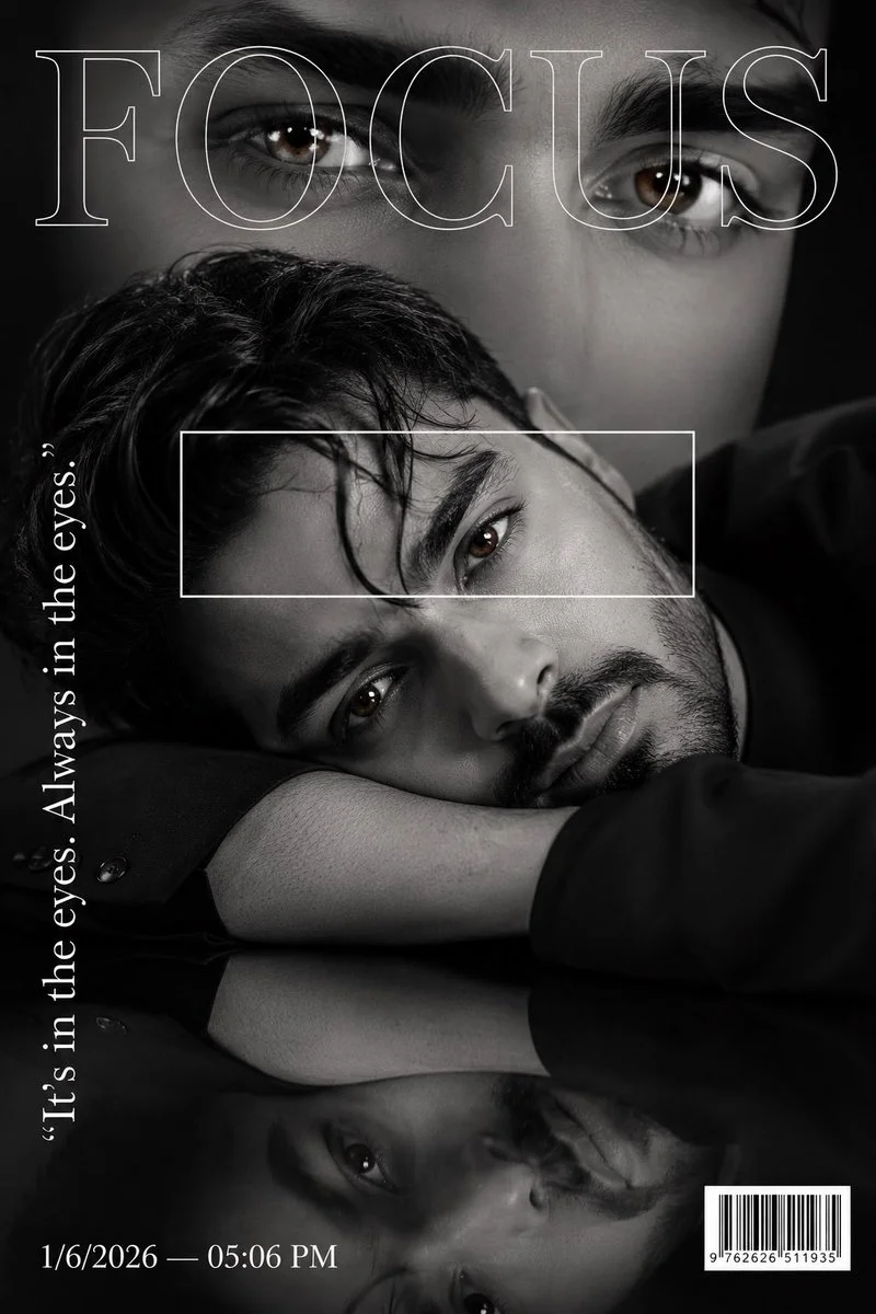 A black-and-white editorial portrait with vivid eyes on magazine cover