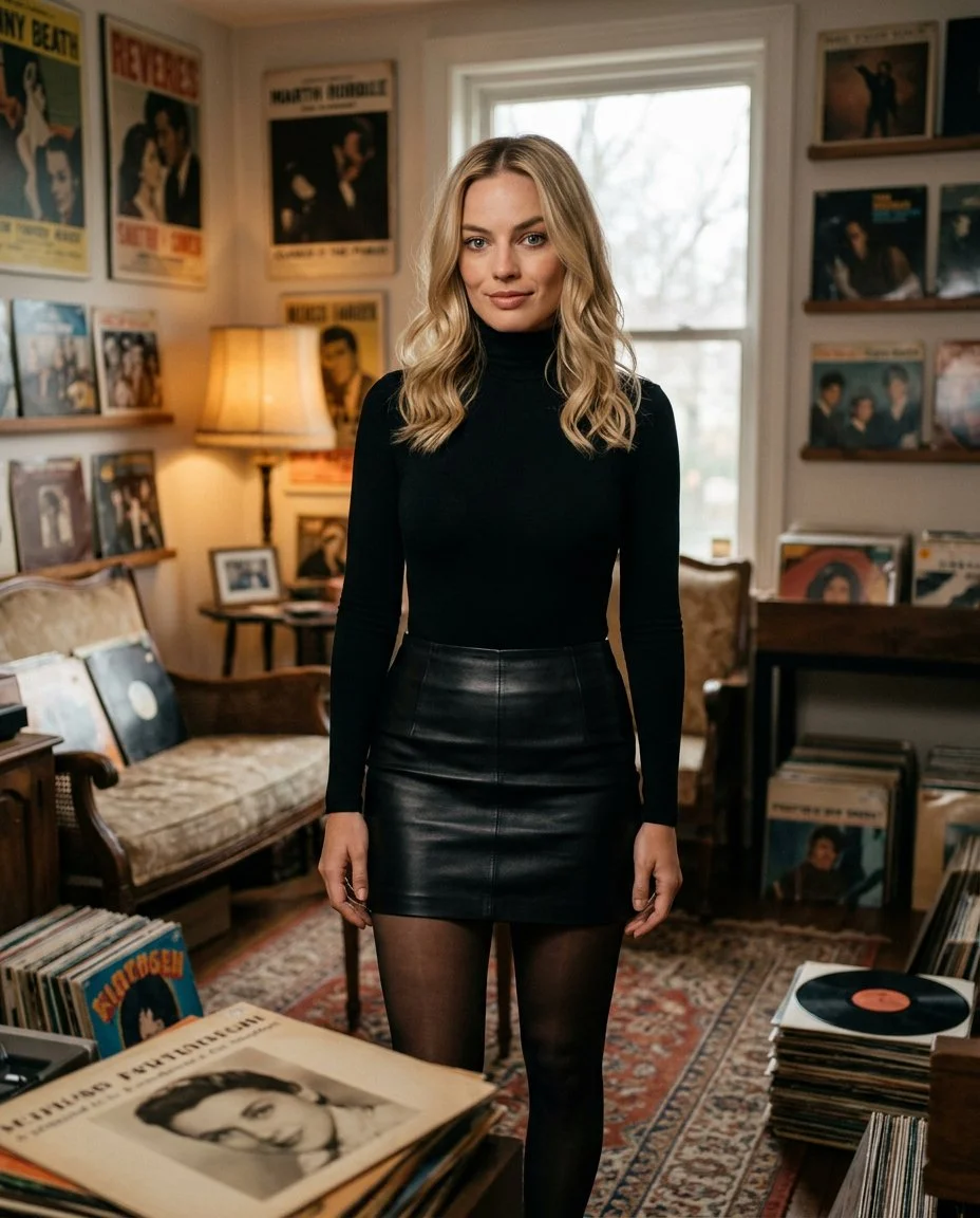 A blonde woman in sportswear lounges in antique decor