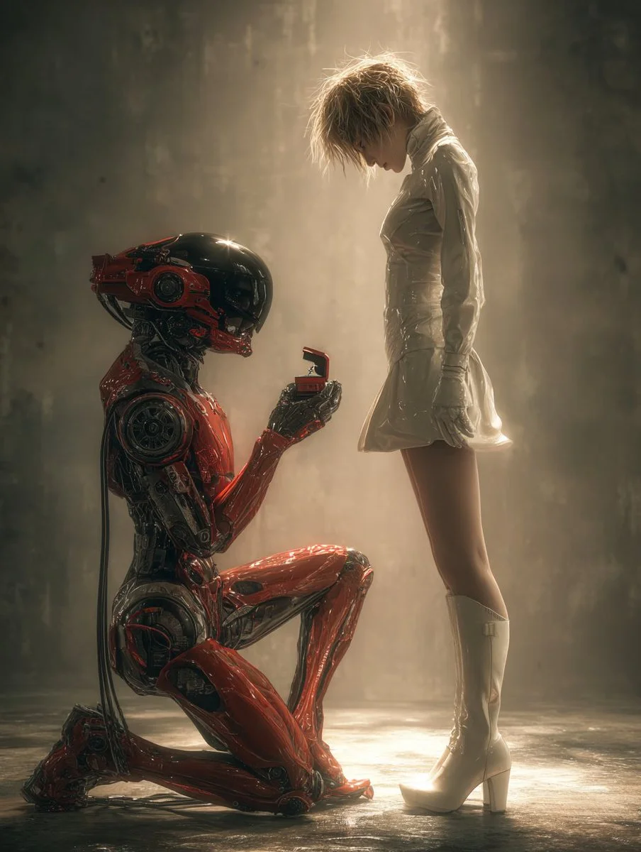 A blonde woman in white receives a ring from a kneeling robot