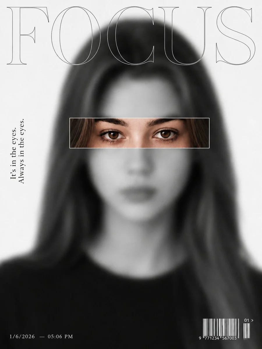 A blurred face sharpens only in the eyes for editorial cover