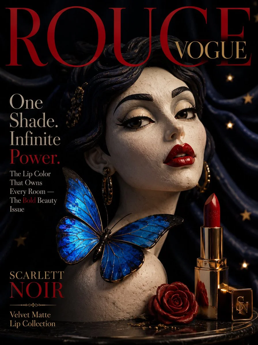 A bold claymation woman poses with a blue butterfly on her shoulder