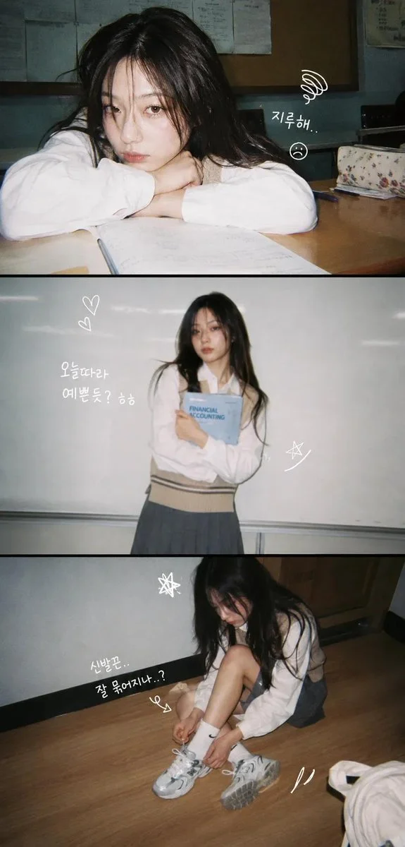 A bored girl rests on a desk in a vintage photo strip.