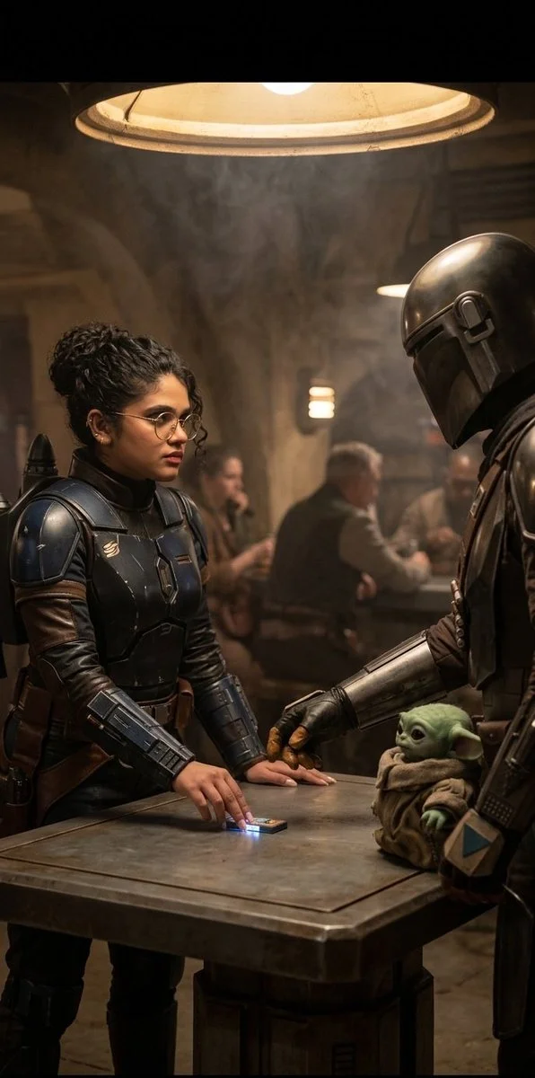 A bounty hunter negotiates a deal in a smoky cantina.