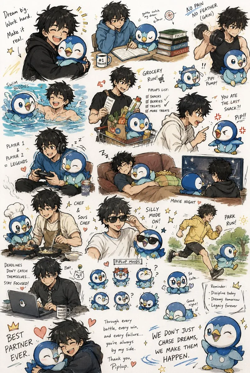 A boy and his Piplup chase dreams in a heartwarming anime collage
