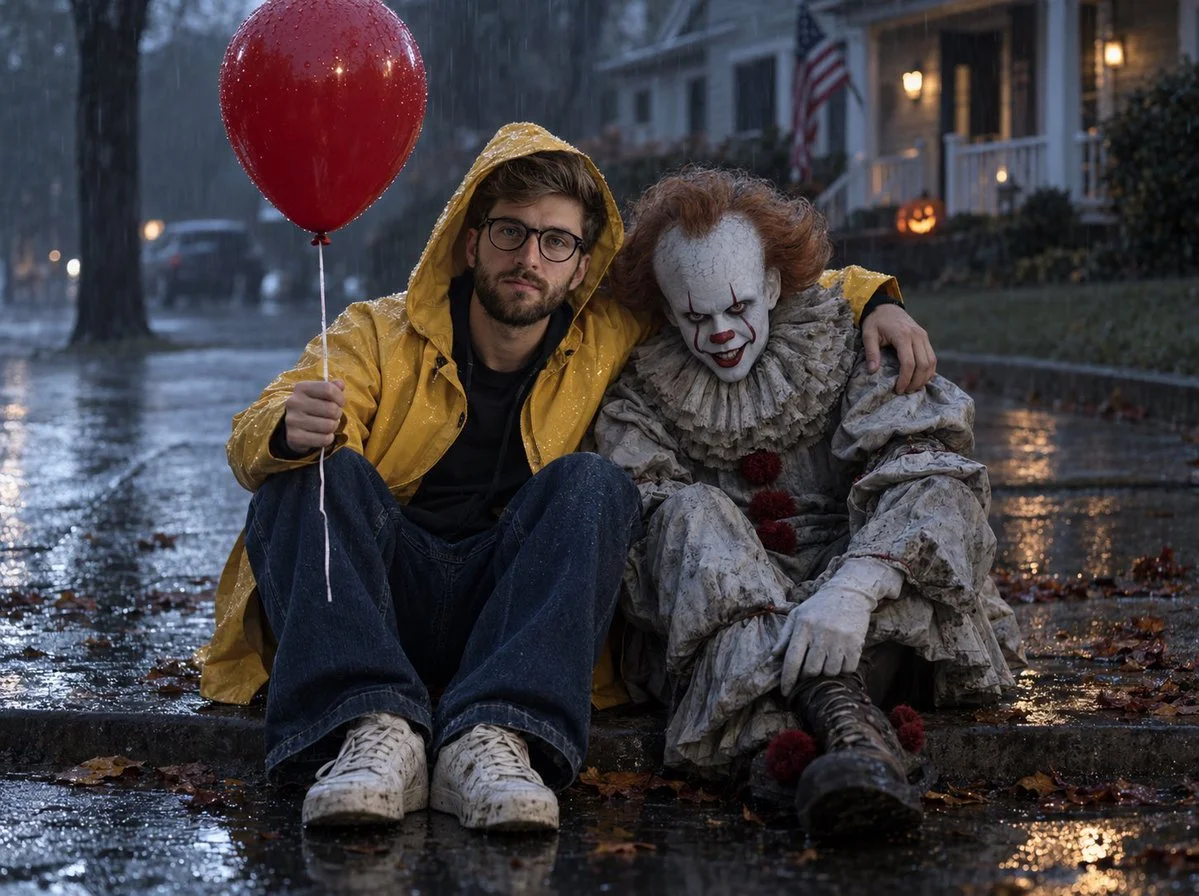 A boy in a yellow raincoat sits beside Pennywise on wet asphalt