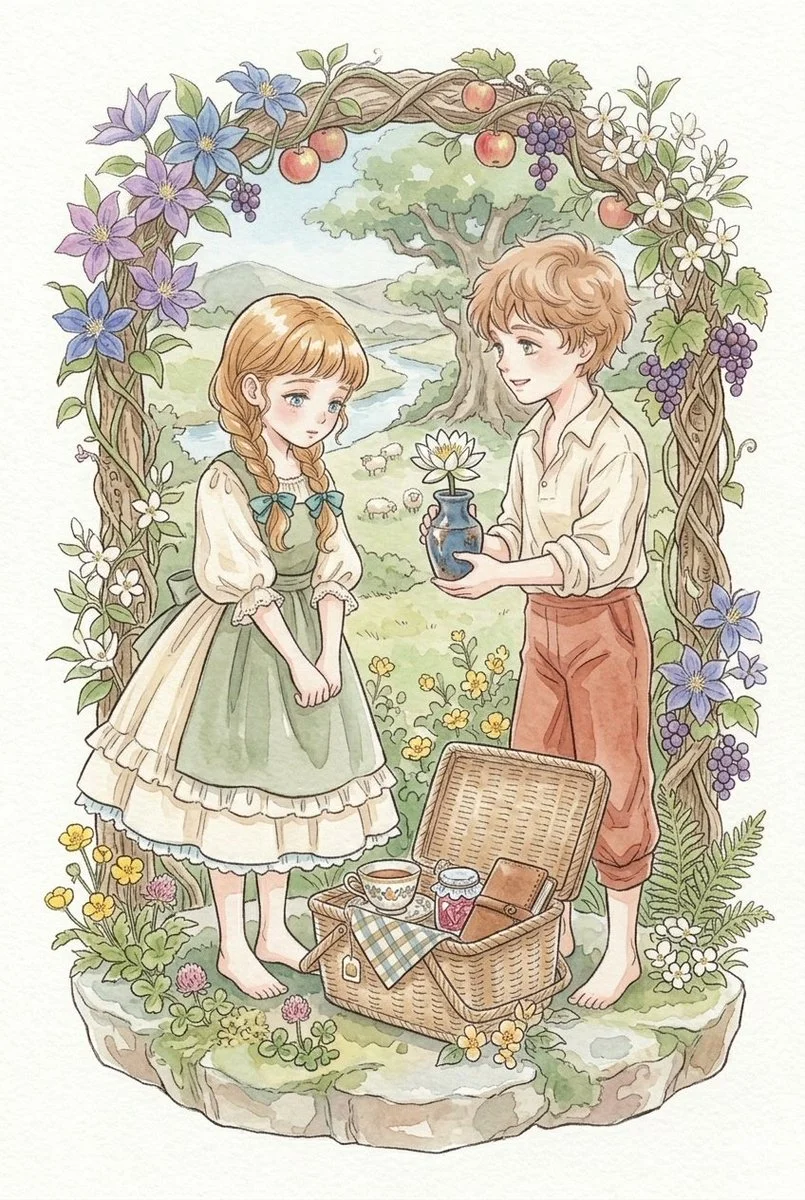 A boy offers a flower to a girl in a rustic archway