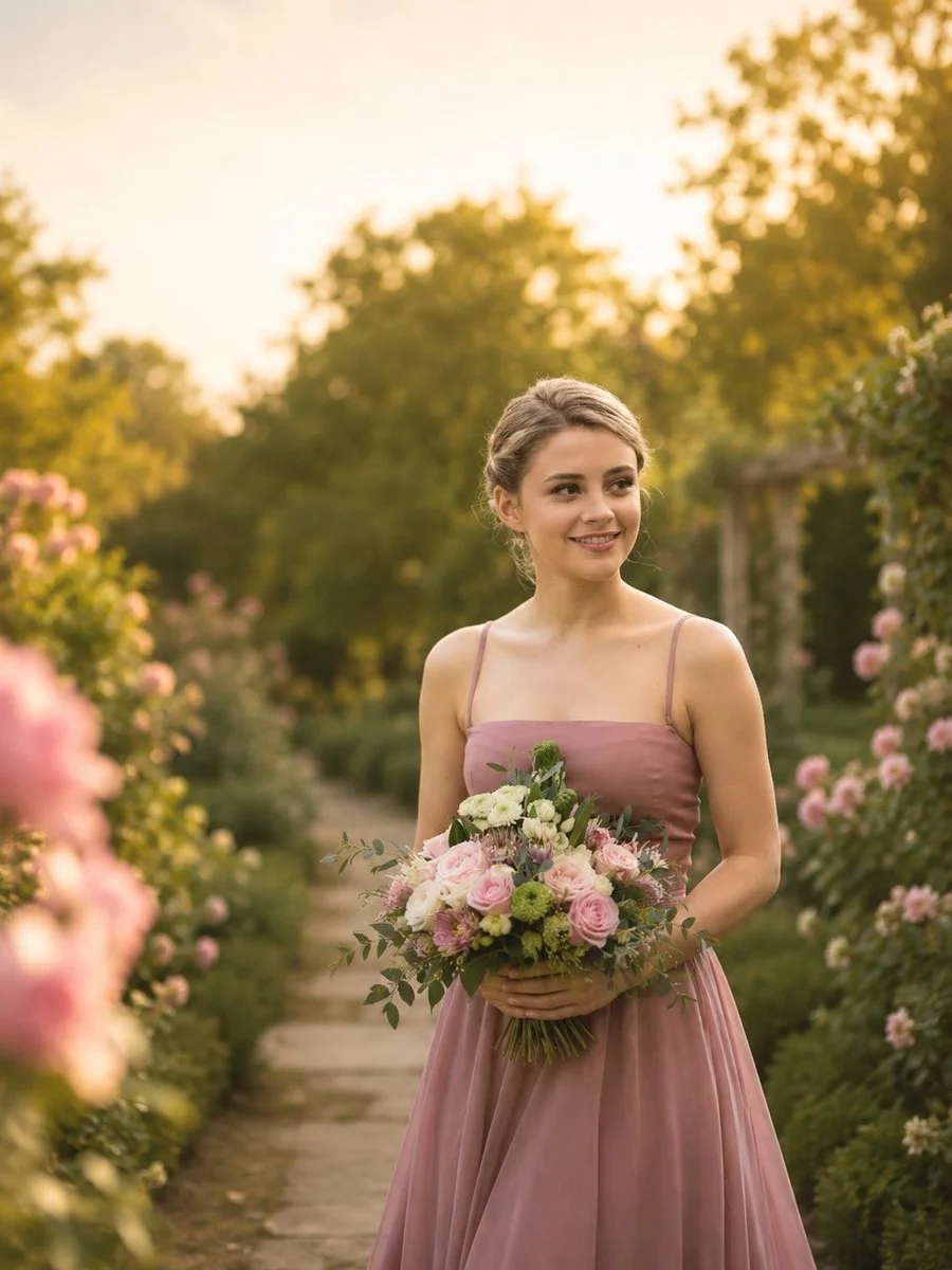 A bride in dusty rose holds pink roses at golden hour