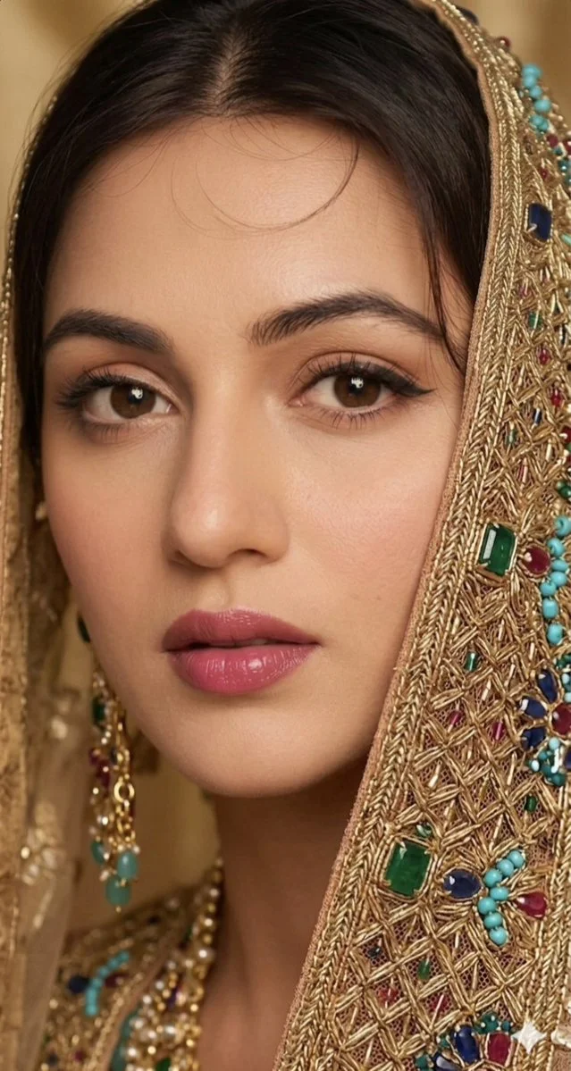 A bride in gold jewelry gazes softly against a warm backdrop.