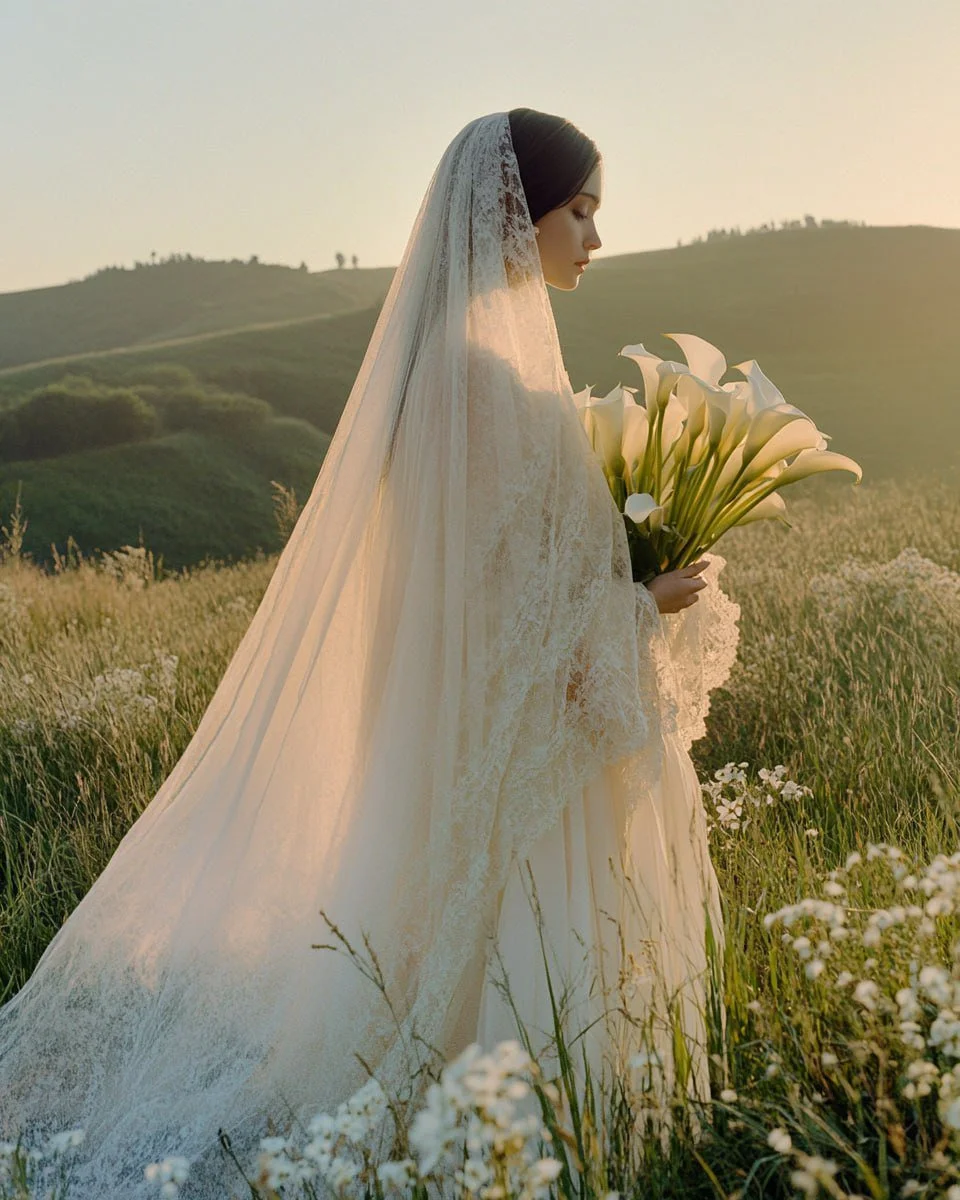 A bride in white holds calla lilies through morning mist
