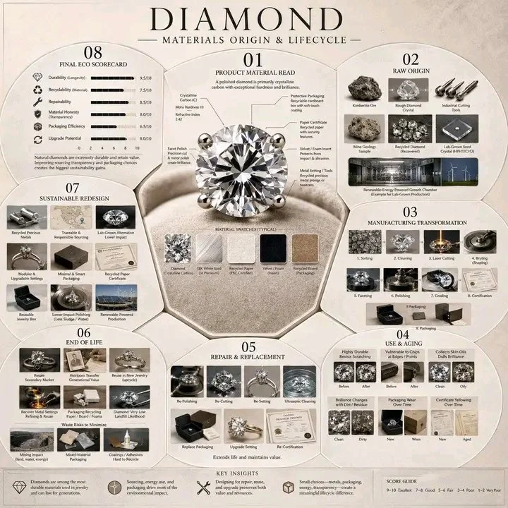 A brilliant diamond rests at the center of a circular lifecycle infographic.