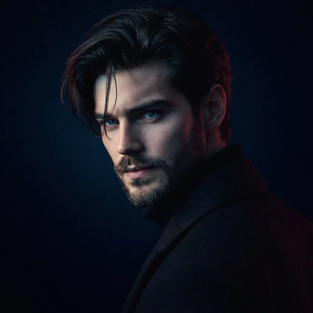 A brooding man in a black coat stares intently through dramatic shadows