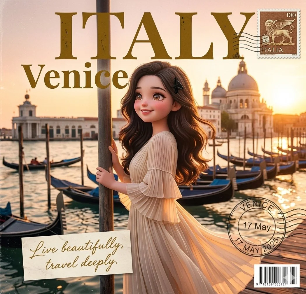 A Brunette Woman Smiles on a Venetian Dock at Golden Hour