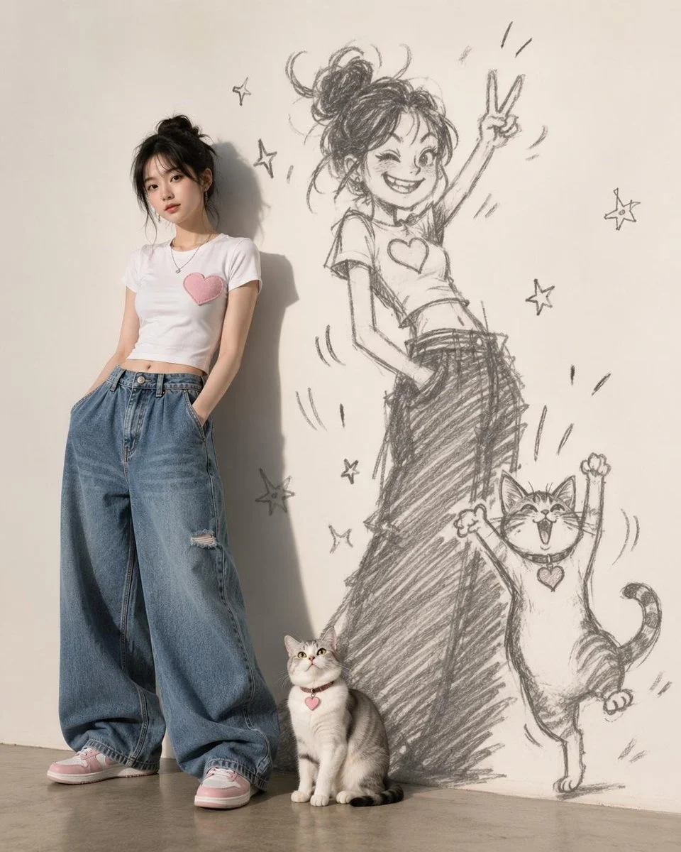 A calm Korean woman stands still while her shadow dances playfully
