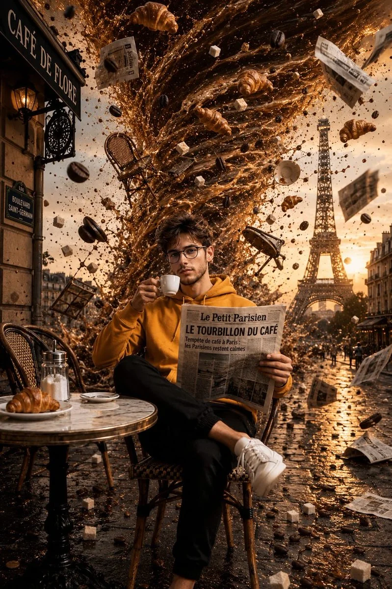 A calm man sips espresso while a coffee tornado rages behind him