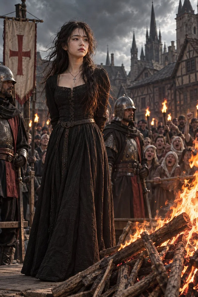 A calm woman stands still while an angry mob surrounds her