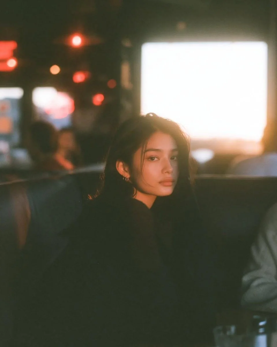 A candid portrait catches a quiet moment in a golden-lit cafe booth