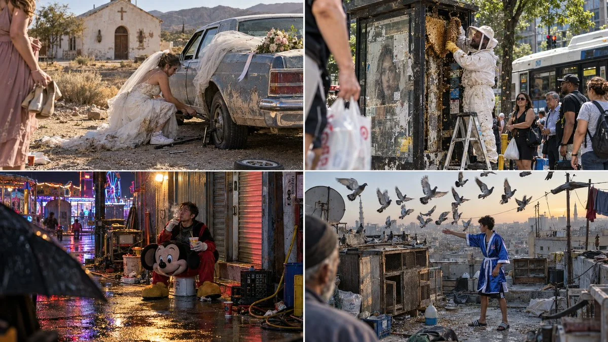 A candid traveler stands amid chaotic street market in documentary style