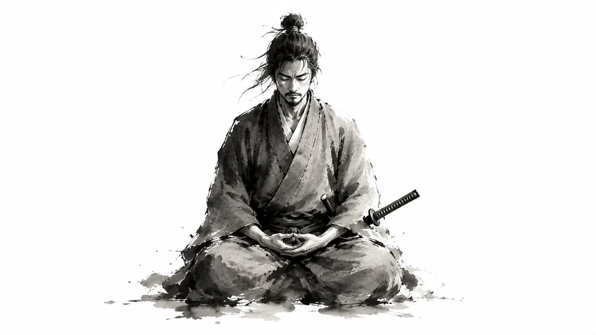A cat sits peacefully among flowing black ink strokes
