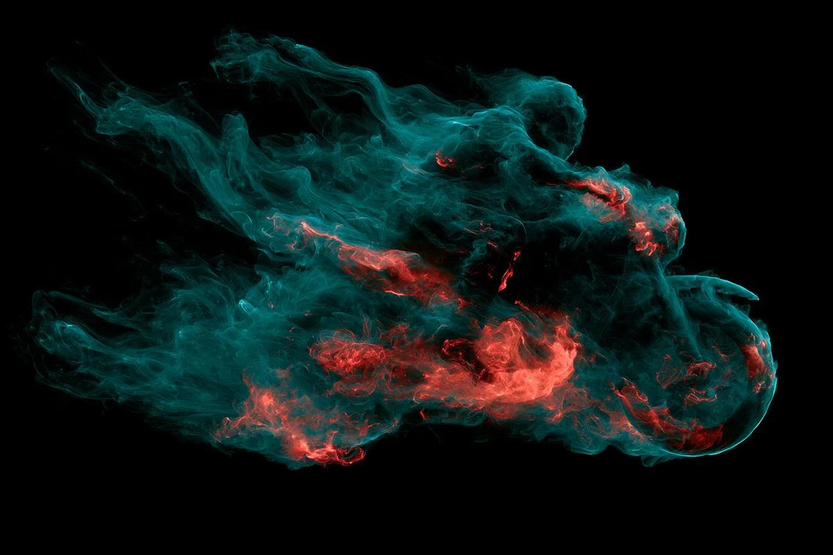 A celestial figure emerges from swirling nebula clouds on black