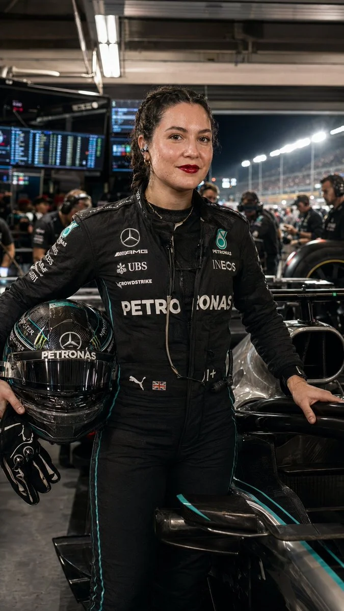 A champion driver stands beside her car before the final lap