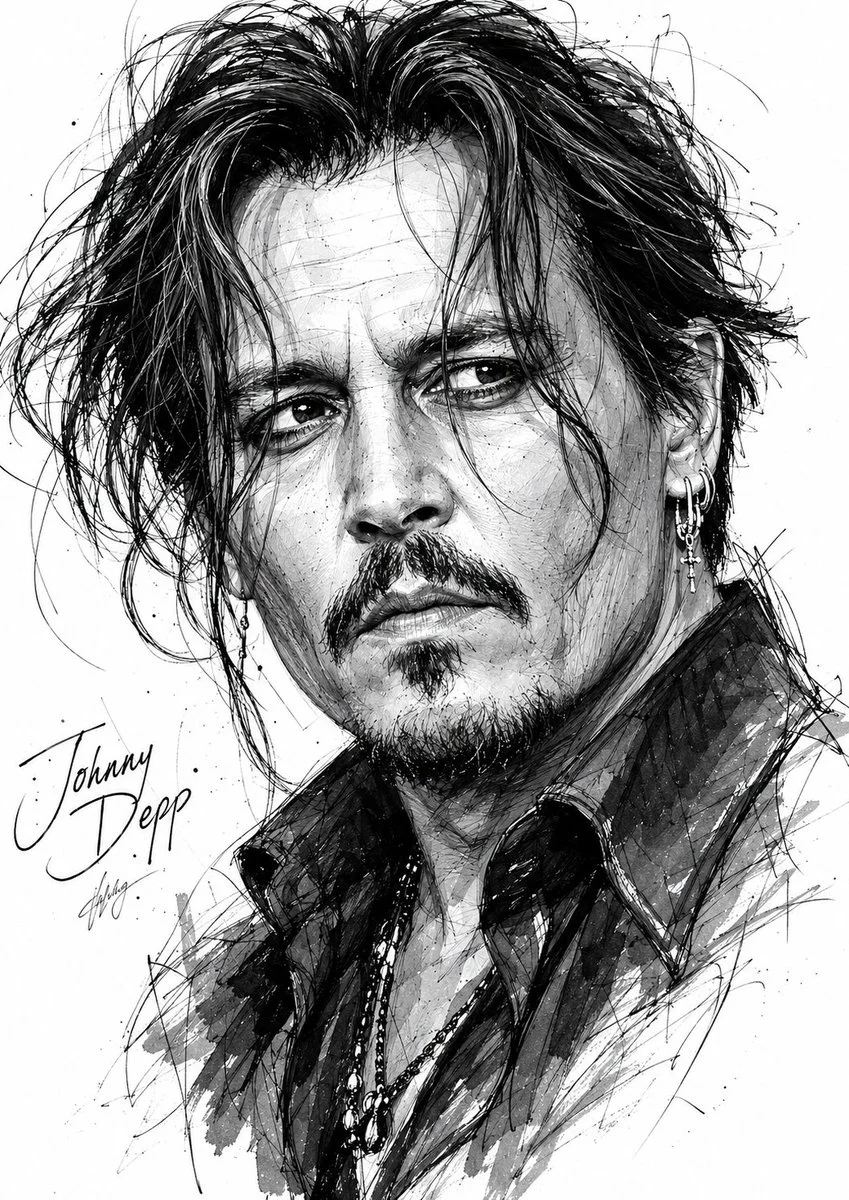 A chaotic ink caricature of a rugged movie star smirks intensely.